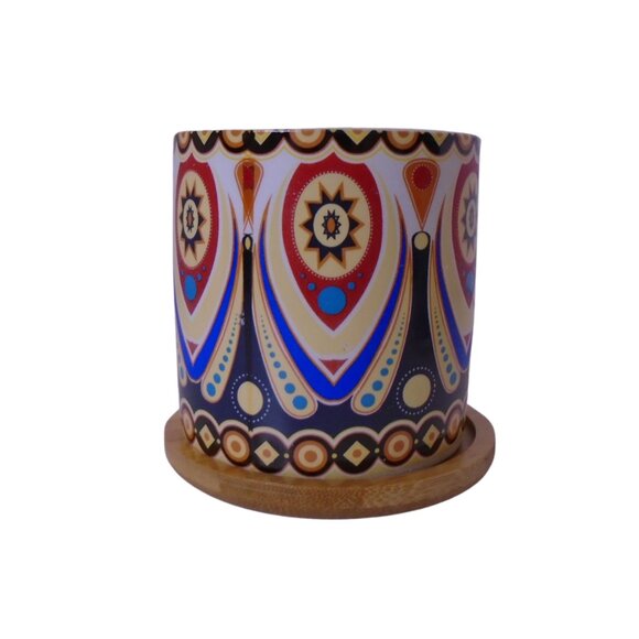Succulent Pots 3 in Mandala Boho Multicolor Ceramic with Bamboo Trays 2 Pcs Set - Picture 3 of 7